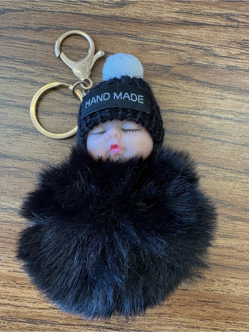 Hand Made Black Pom Pom Doll Bag Charm/Keychain - Cute Sleepy Baby Accessory